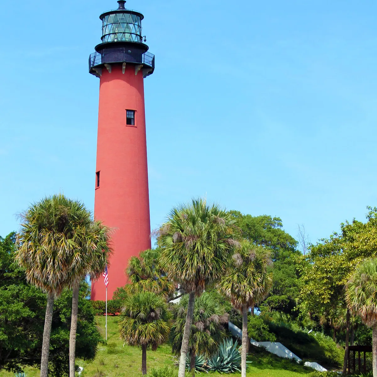 The red brick Jupiter Inlet Lighthouse above the palms on the north side of the Jupiter Inlet.