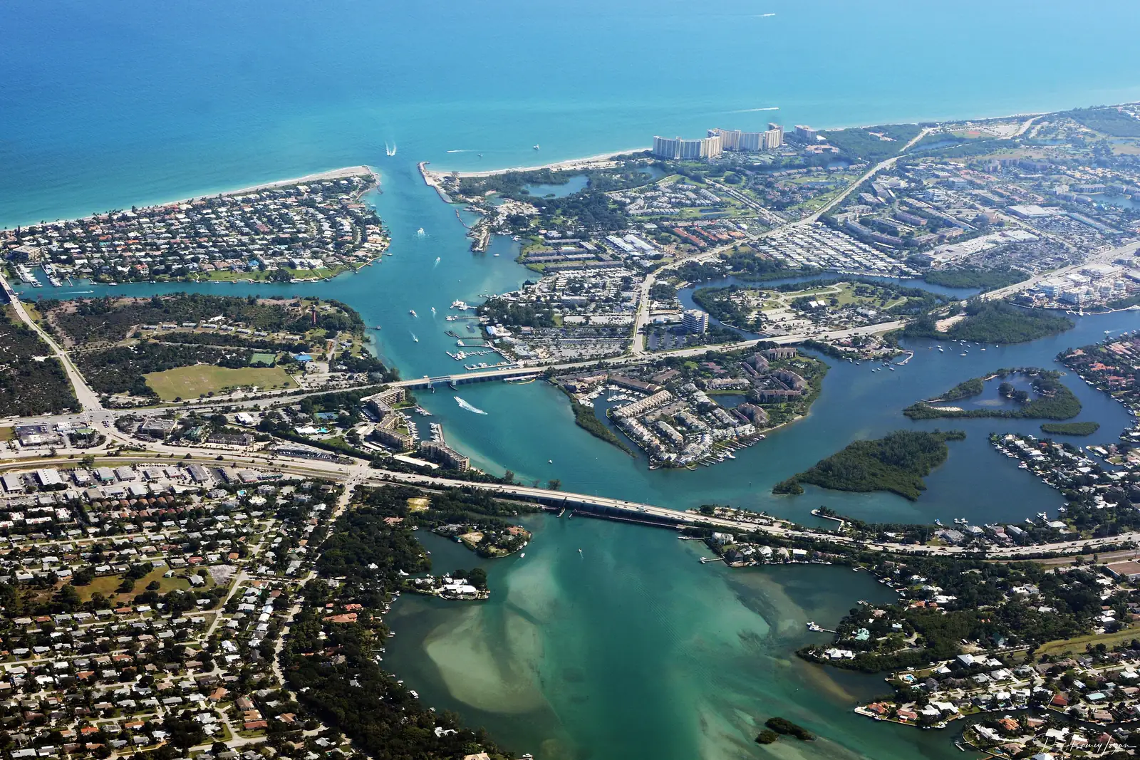 An aerial view of the Loxahatchee River and the Jupiter Inlet, with Jupiter and Tequesta along its banks