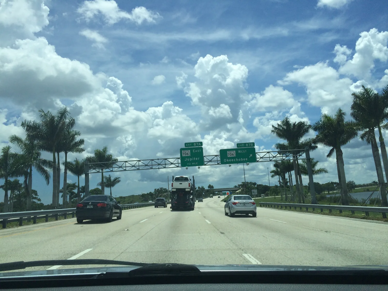 Southbound I-95 at mile marker 87 in Jupiter, beside the town's neighborhoods west of the interstate