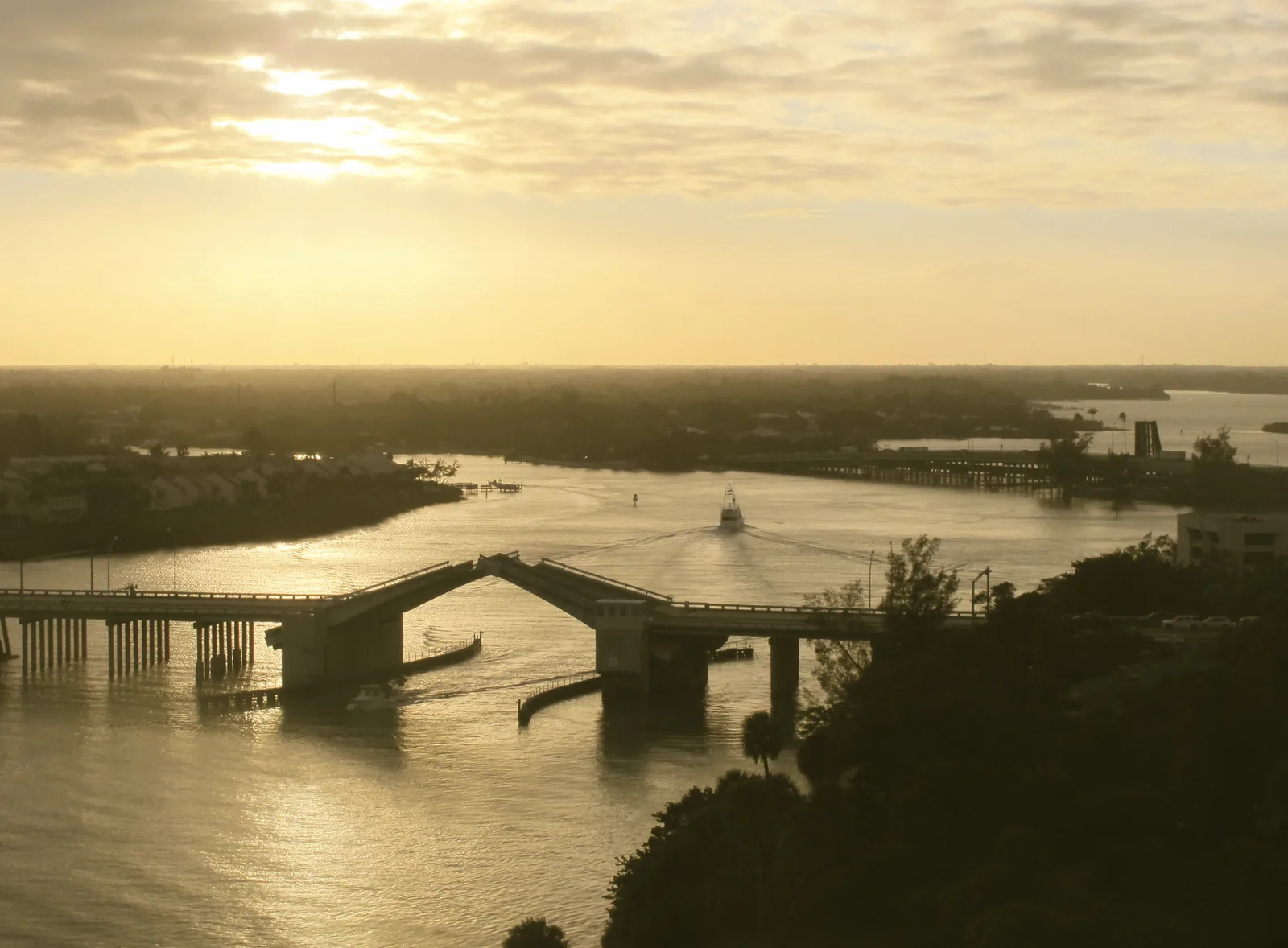 The Jupiter Federal Bridge on U.S. 1 over the Loxahatchee River, seen from the Jupiter Inlet Lighthouse at sunset