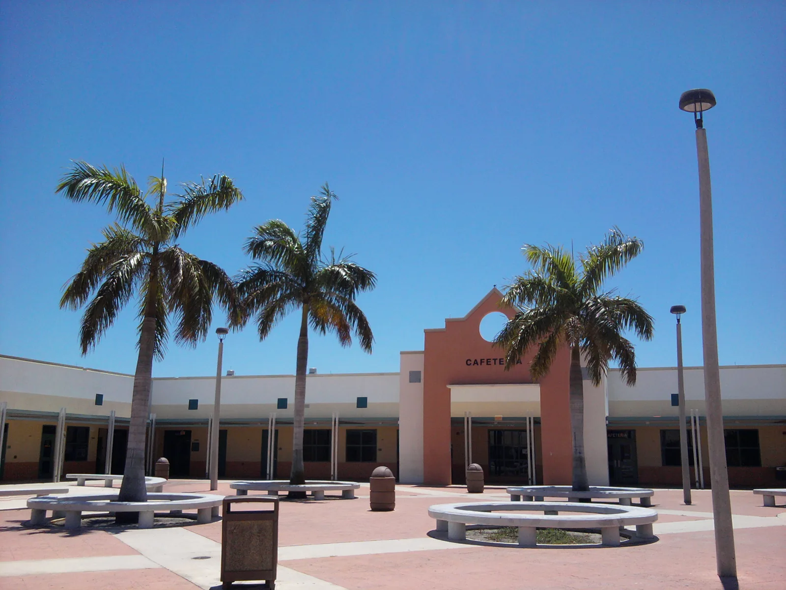 The cafeteria and palm-lined courtyard inside the Jupiter High School campus on Military Trail
