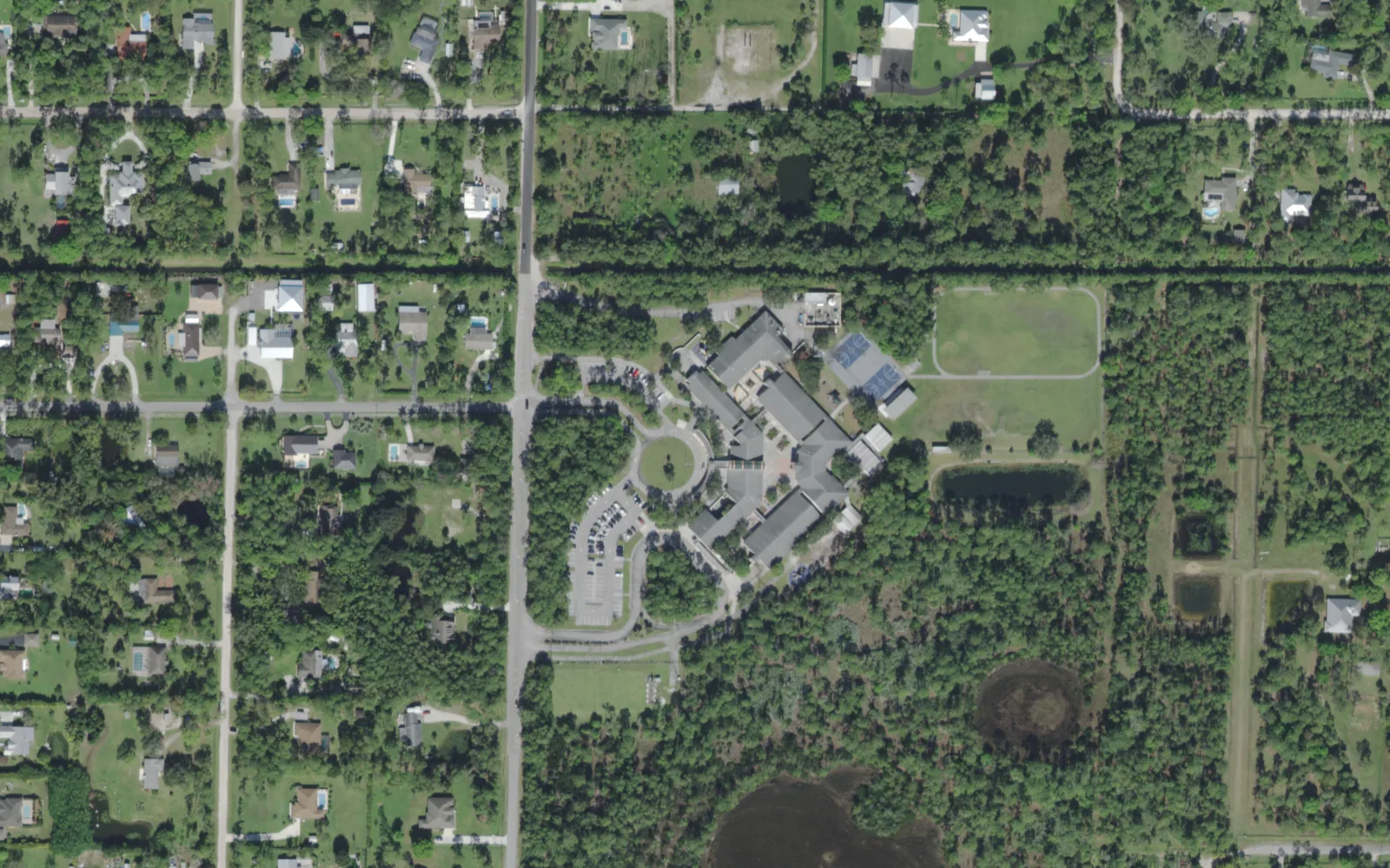 Jupiter Farms Elementary among the wooded lots off Haynie Lane in Jupiter Farms, seen from the air