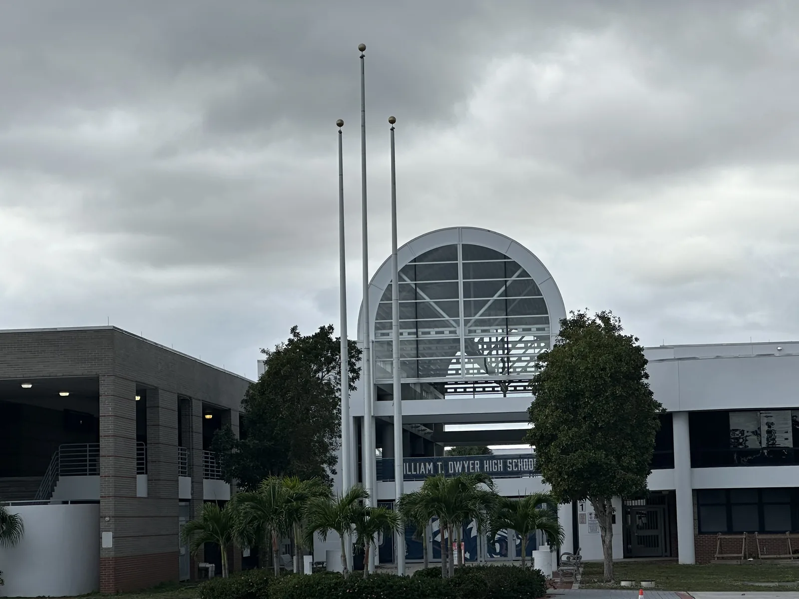 The arched front entrance of William T. Dwyer High School on North Military Trail in Palm Beach Gardens