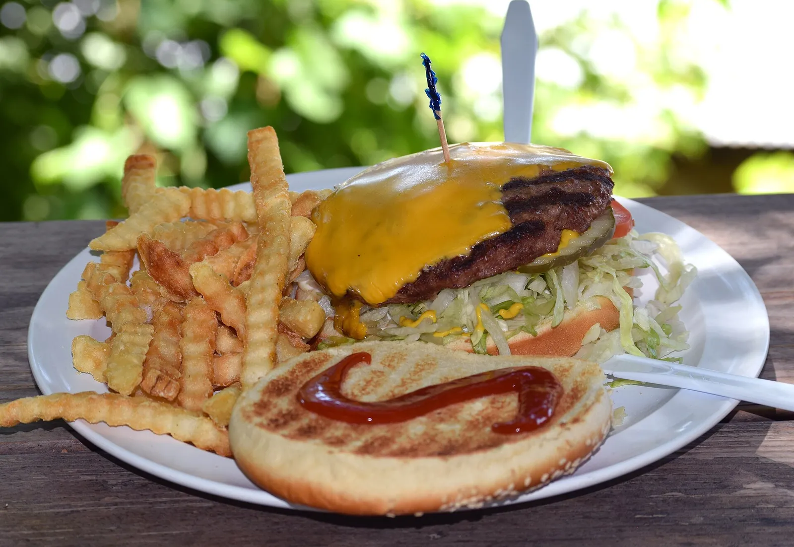 A cheeseburger with crinkle-cut fries. The photo was not taken at a Jupiter restaurant.